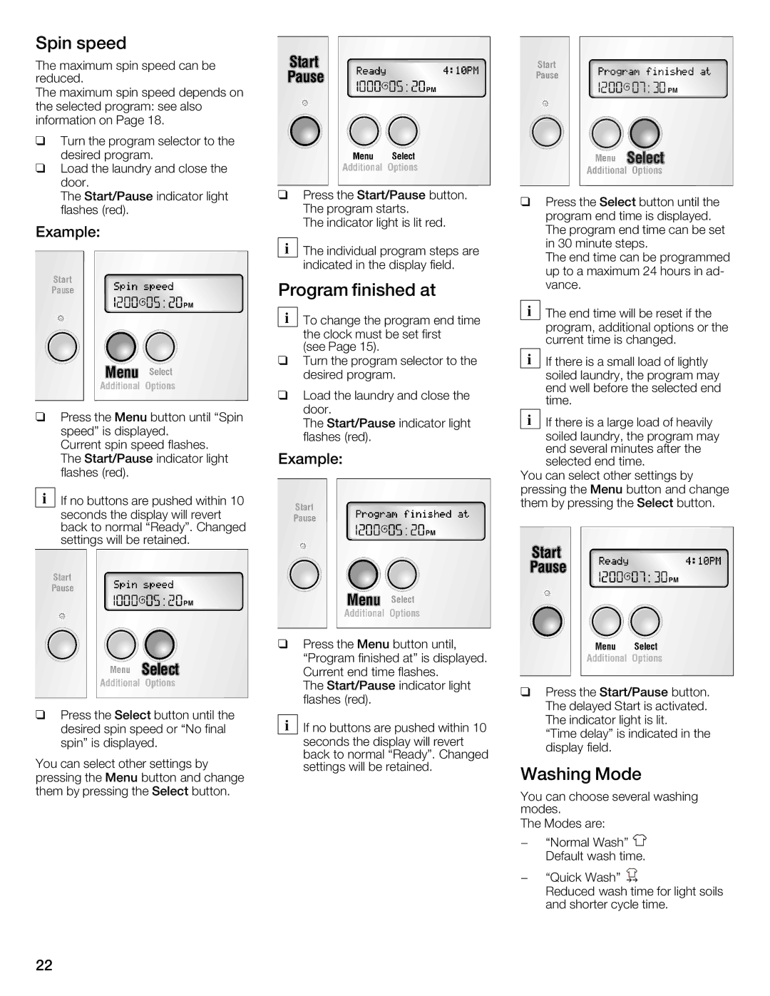 Bosch Appliances 800 Series manual Spin speed, Program finished at, Washing Mode 