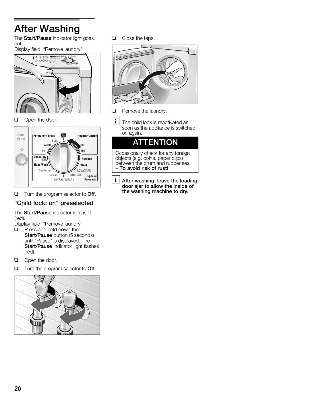 Bosch Appliances 800 Series manual After Washing, Child lock on preselected 