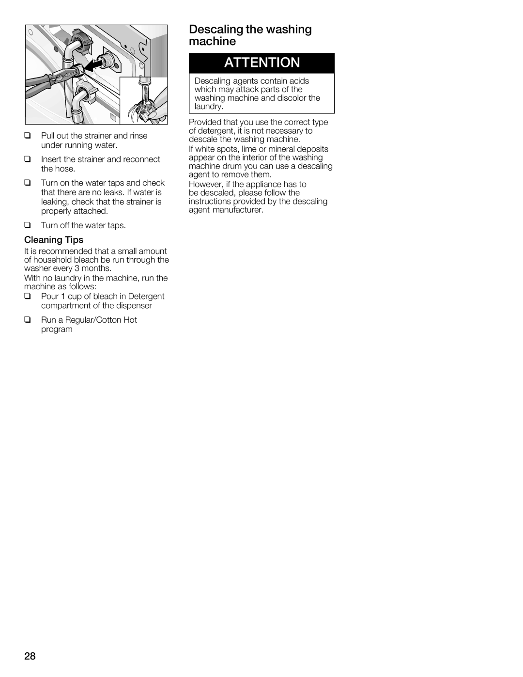 Bosch Appliances 800 Series manual Descaling the washing machine, Cleaning Tips 