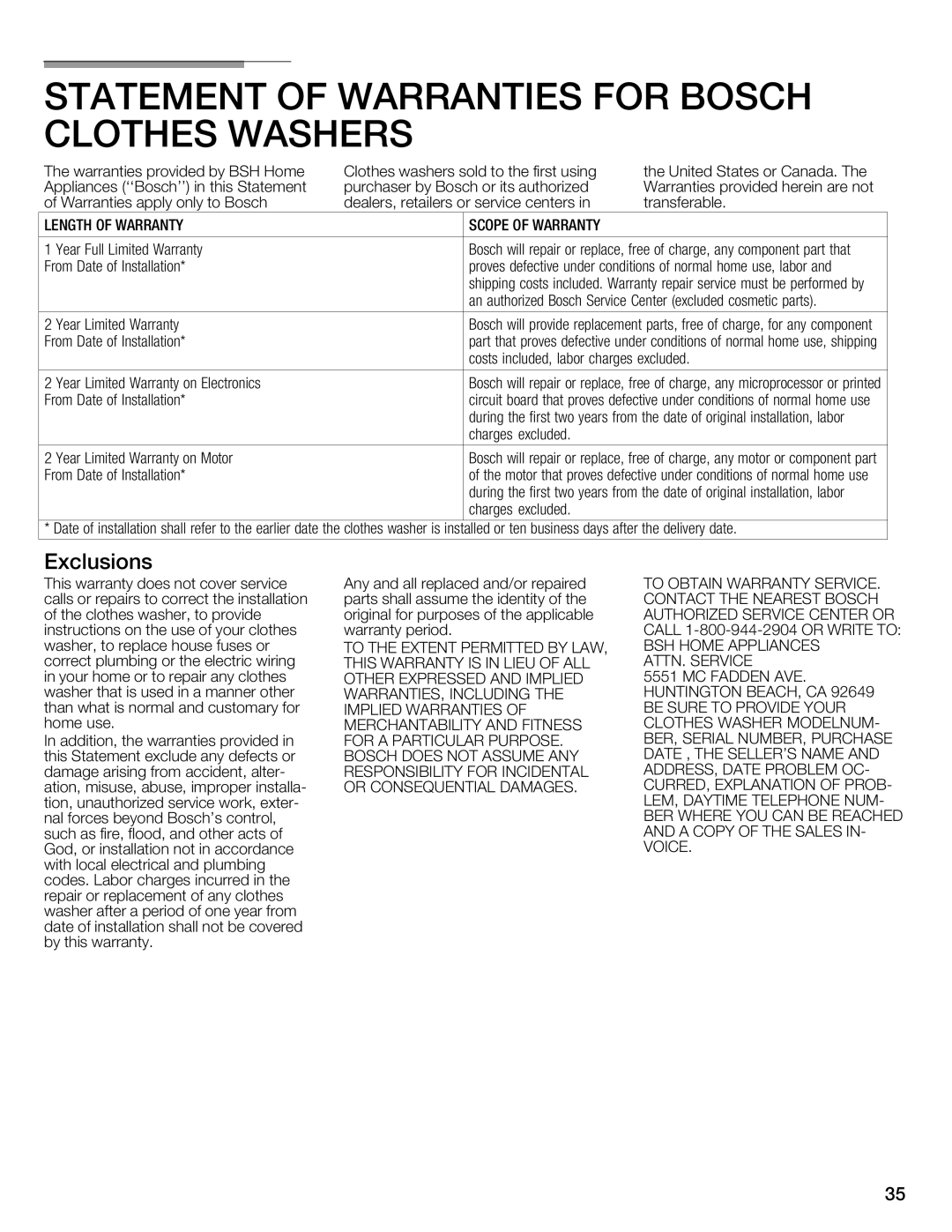 Bosch Appliances 800 Series manual Exclusions 