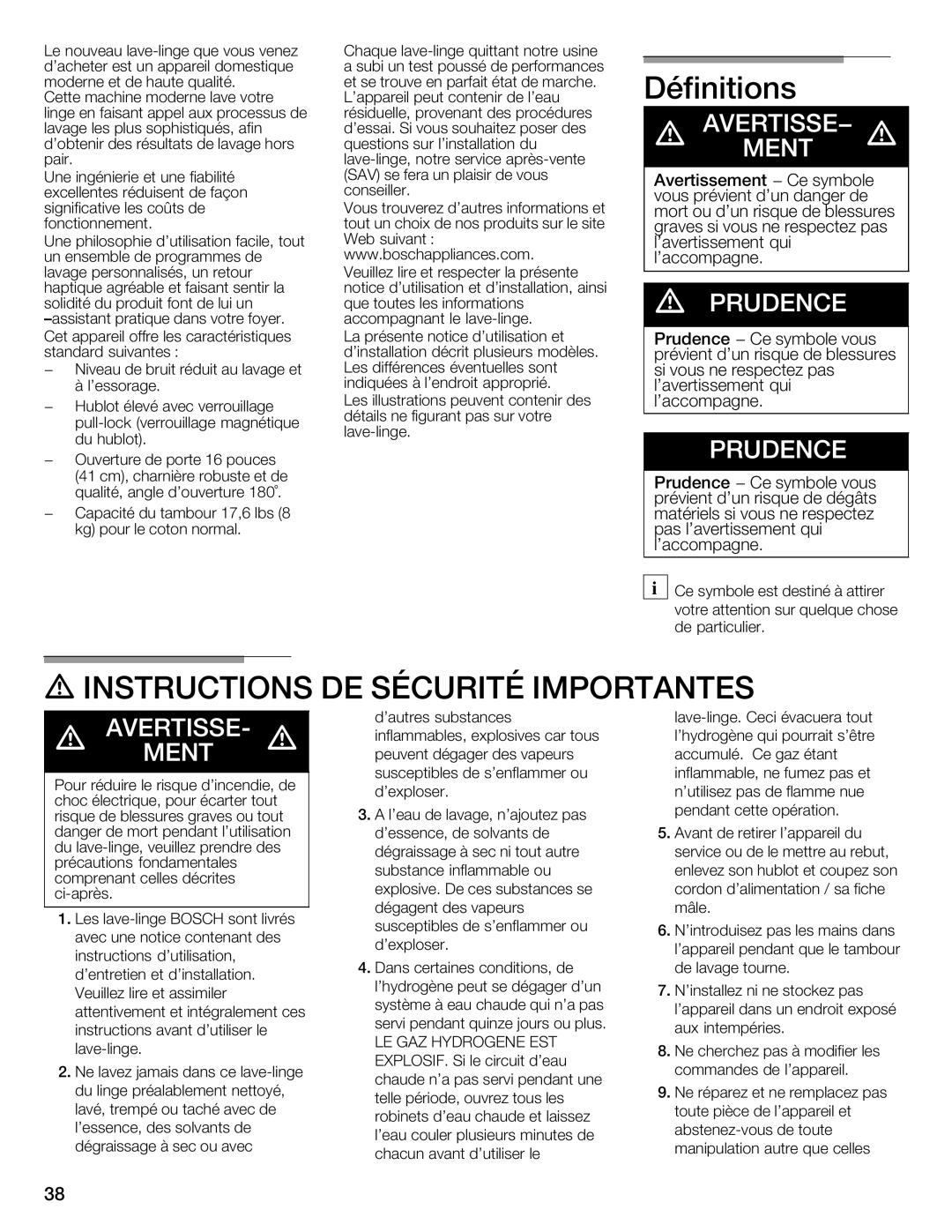 Bosch Appliances 800 Series manual Définitions, Instructions 