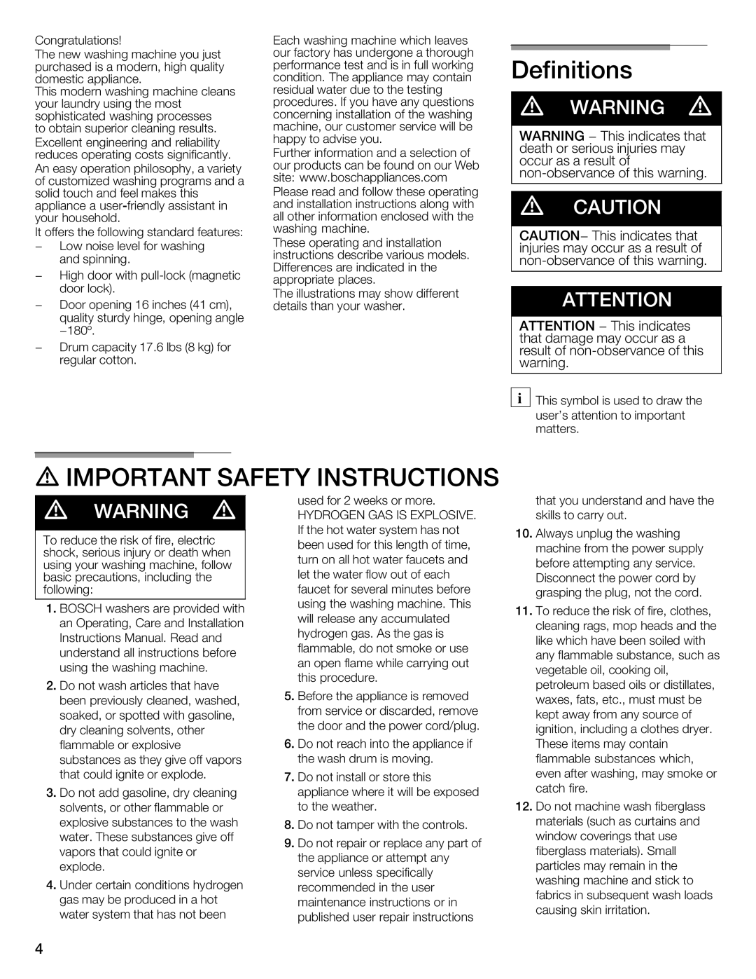 Bosch Appliances 800 Series manual Definitions, Important Safety Instructions 