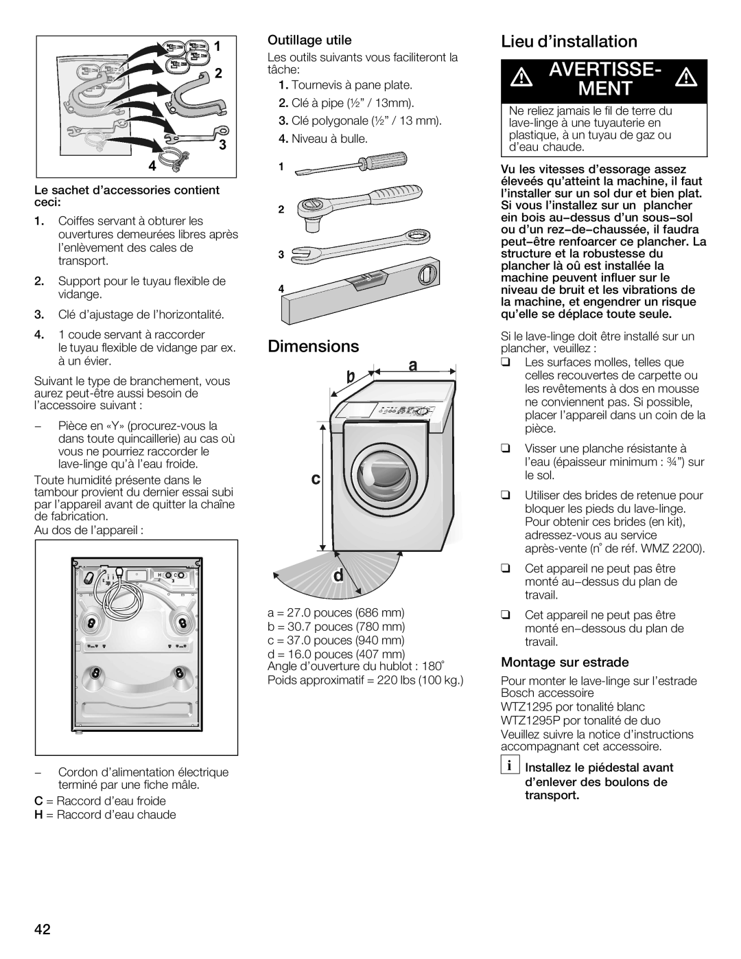 Bosch Appliances 800 Series manual Lieu dinstallation, Outillage utile 