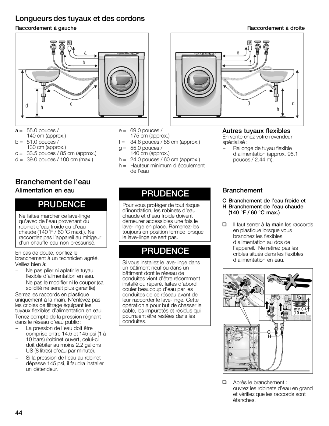 Bosch Appliances 800 Series manual Longueurs des tuyaux et des cordons, Autres Tuyaux Flexibles, Branchement 