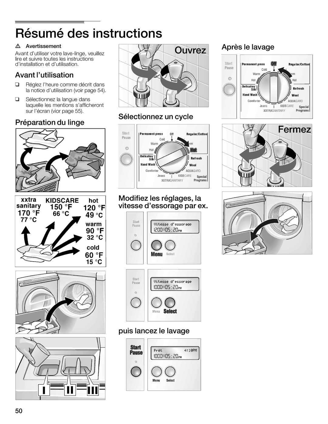 Bosch Appliances 800 Series manual Résumé des instructions, Après le lavage, Avant lutilisation 