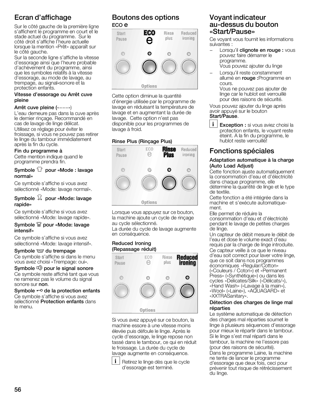 Bosch Appliances 800 Series Ecran Daffichage Boutons Des Options Voyant Indicateur, «Start/Pause», Fonctions Spéciales 