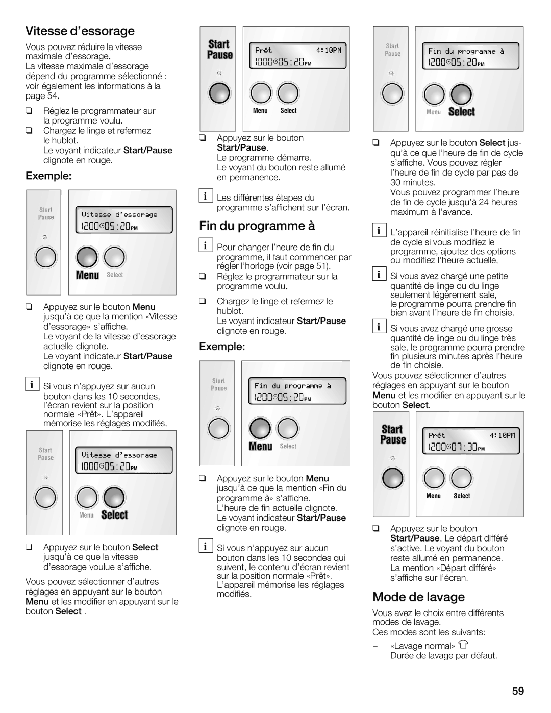 Bosch Appliances 800 Series manual Vitesse dessorage, Programme, Mode Lavage 