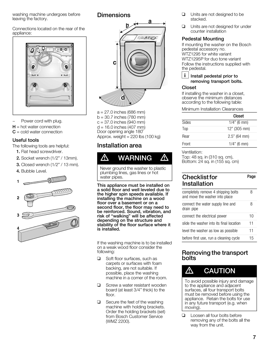 Bosch Appliances 800 Series manual Dimensions, Installation area, Checklist For, On Installation, Removing Transport, Bolts 