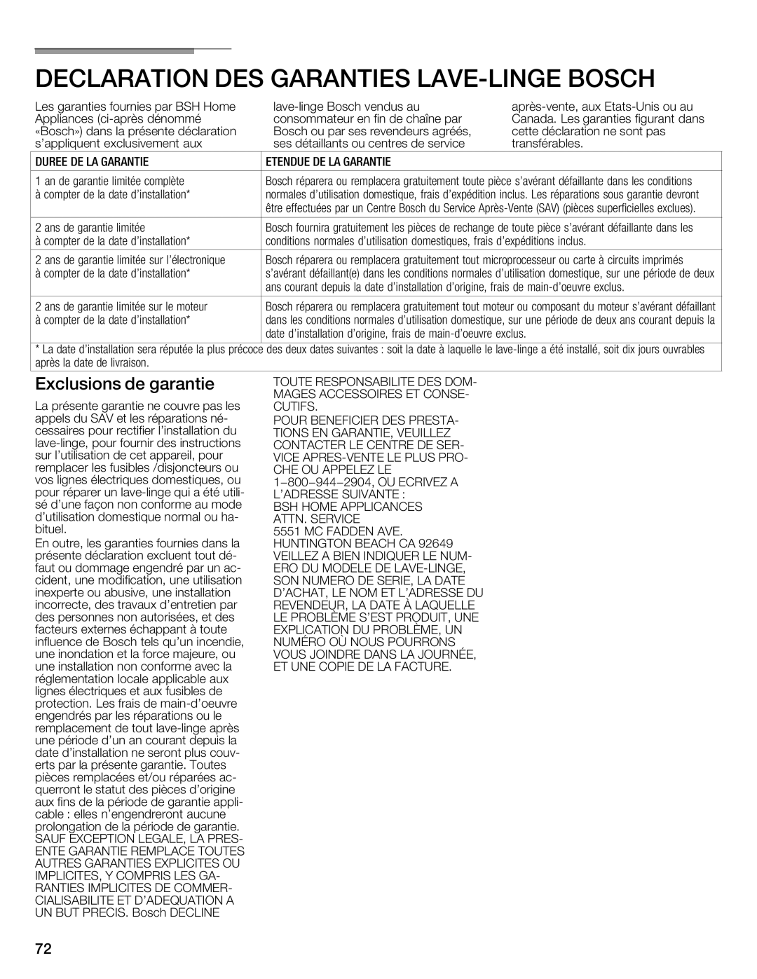 Bosch Appliances 800 Series manual Declaration DES Garanties LAVEcLINGE Bosch, Exclusions Garantie 