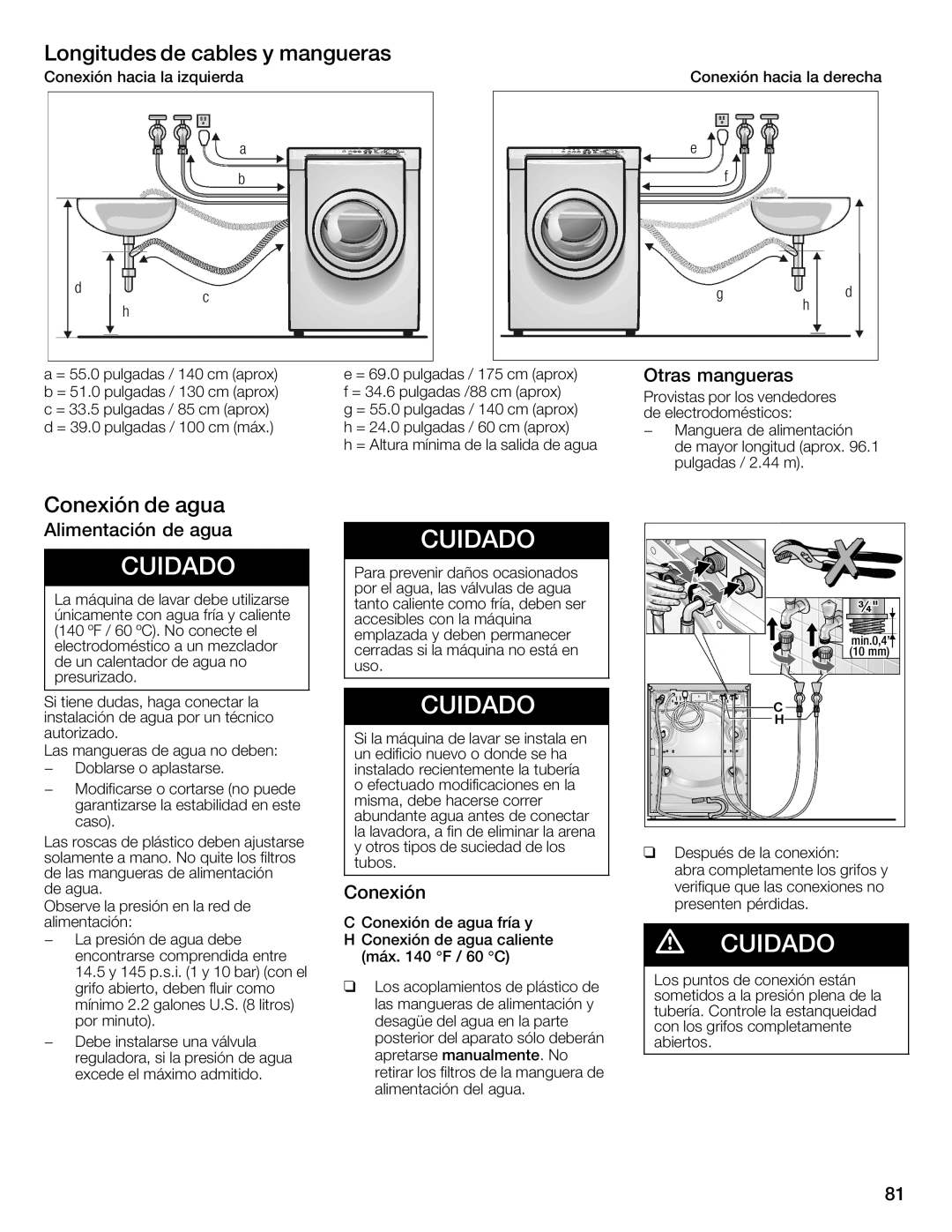 Bosch Appliances 800 Series manual Longitudes de cables y mangueras, Conexión Agua, Otras Mangueras, Alimentación Agua 