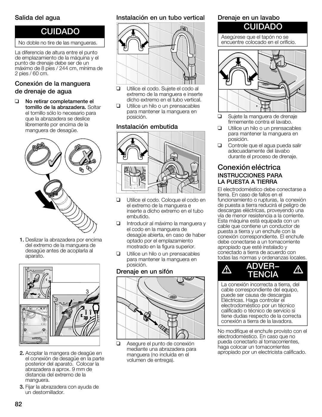 Bosch Appliances 800 Series manual Conexión Eléctrica, Conexión de la manguera debdrenaje de agua, Instalación embutida 