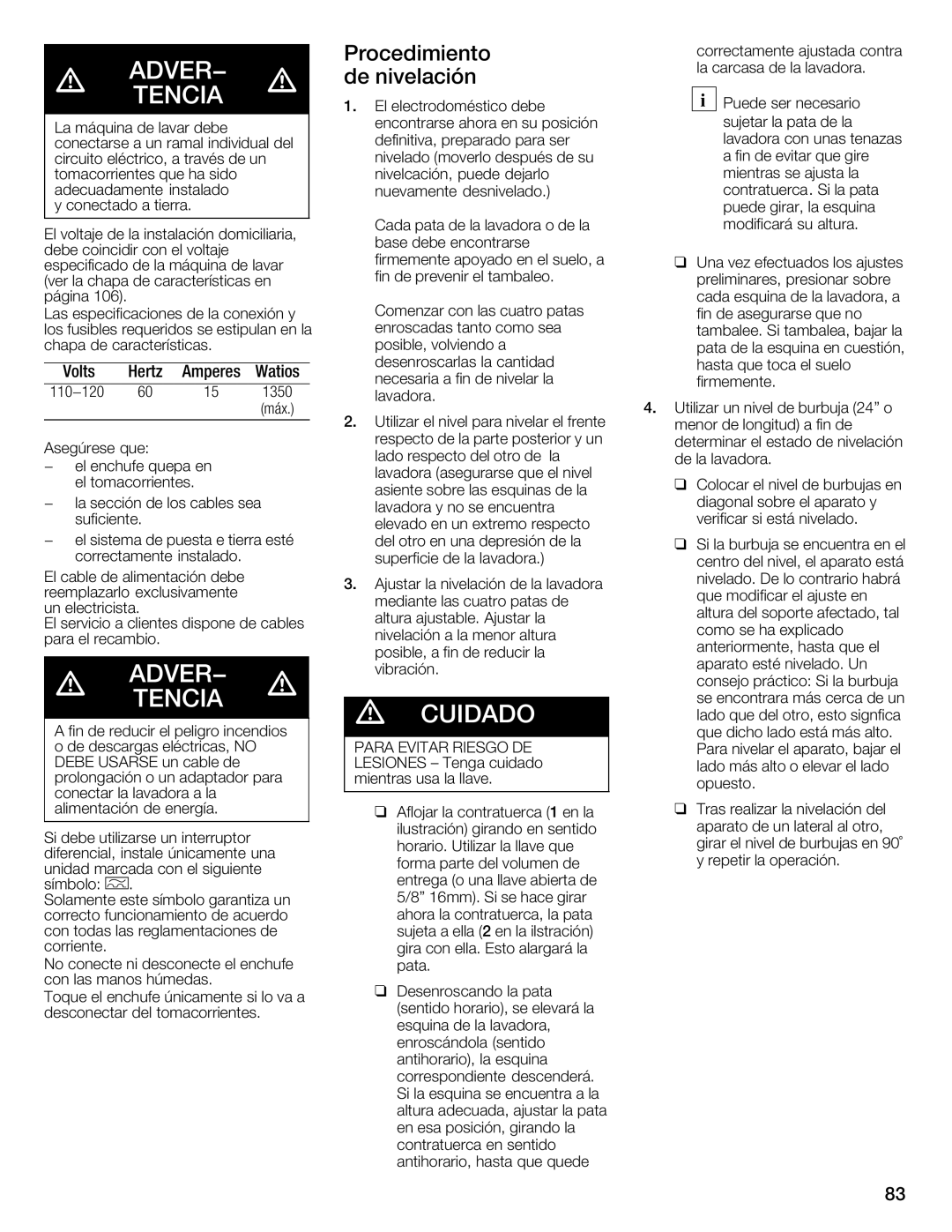 Bosch Appliances 800 Series manual Procedimiento Debnivelación, Watios 