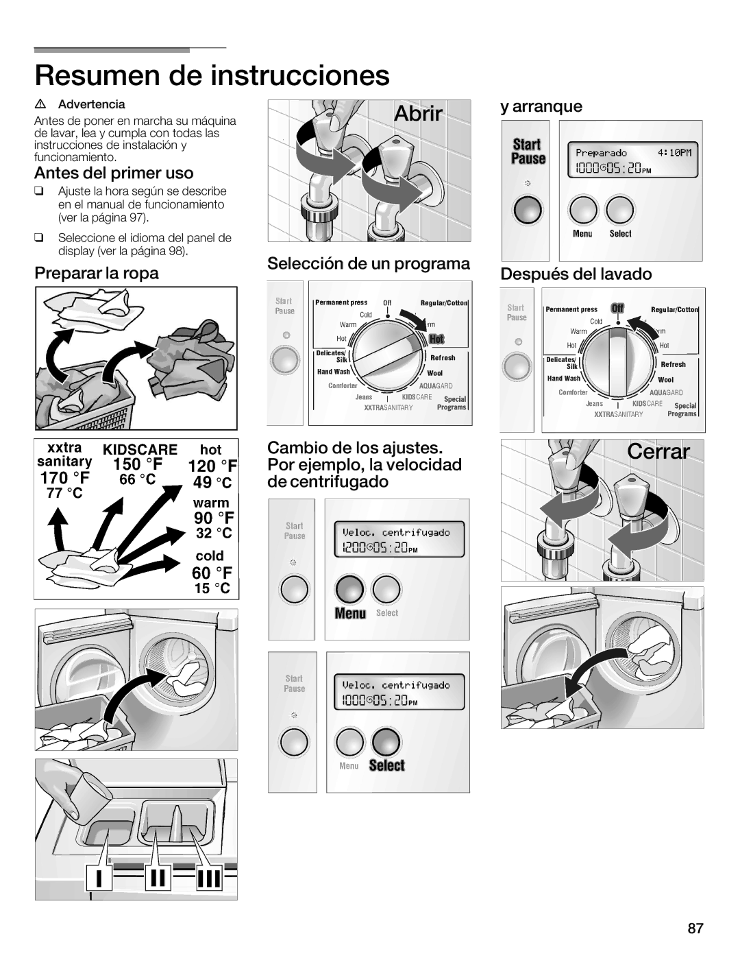 Bosch Appliances 800 Series manual Resumen de instrucciones, Antes del primer uso, Arranque 