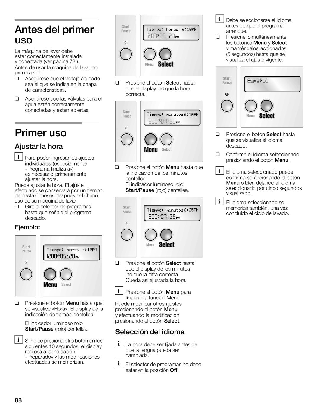 Bosch Appliances 800 Series manual Antes del primer uso, Primer uso, Ajustar la hora, Selección Del idioma, Ejemplo 