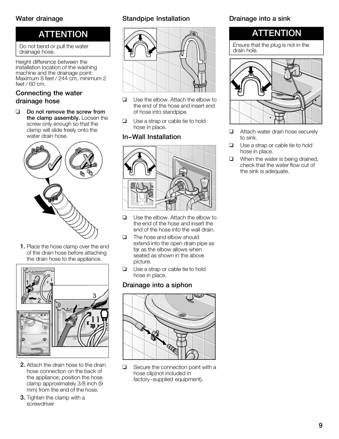 Bosch Appliances 800 Series Water drainage Standpipe Installation Drainage into a sink, Connecting Water, Drainage Hose 