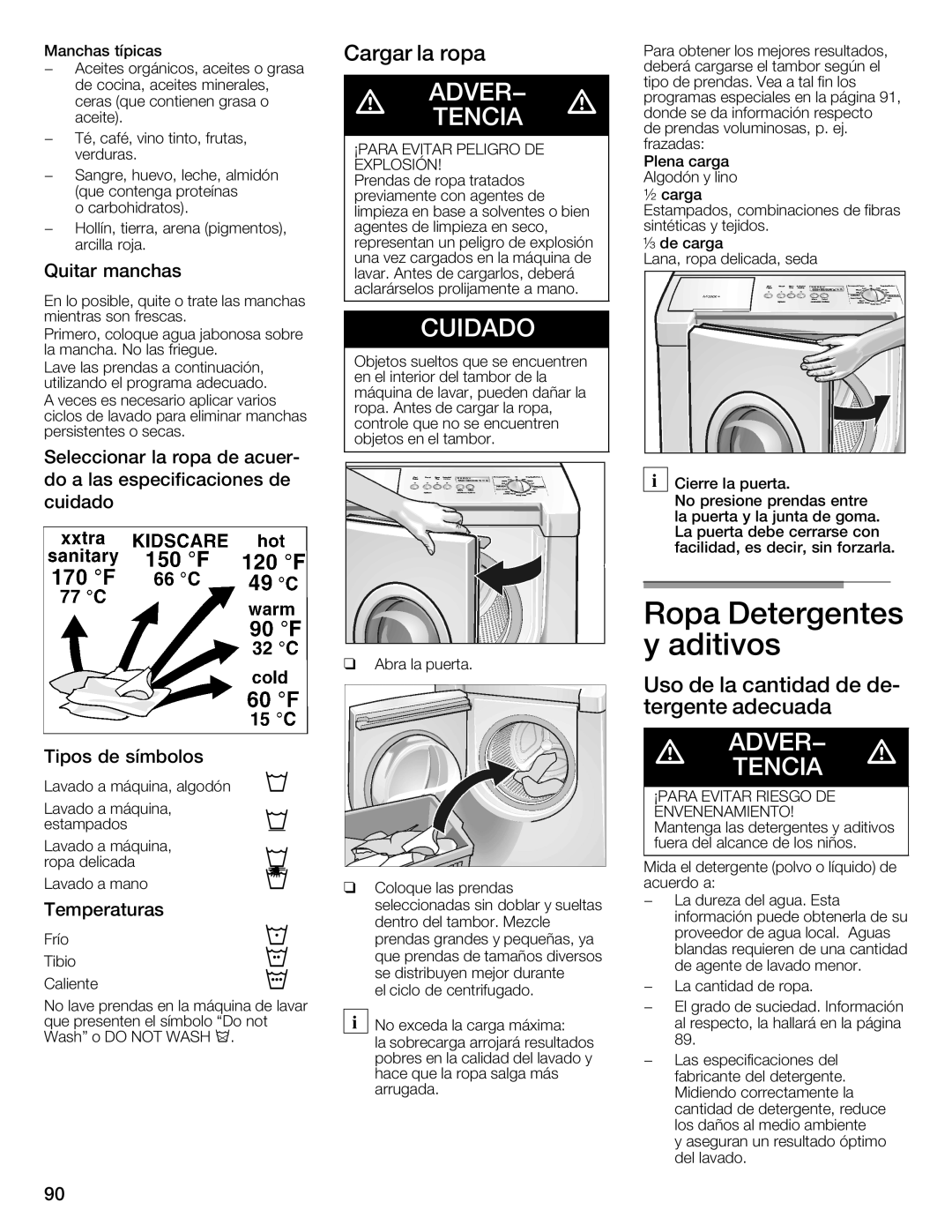 Bosch Appliances 800 Series manual Ropa Detergentes ybaditivos, Cargar Ropa, Uso de la cantidad de de, Tergente Adecuada 