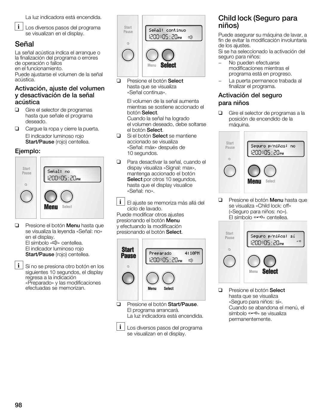 Bosch Appliances 800 Series manual Child Lock Seguro para, Niños, Señal 