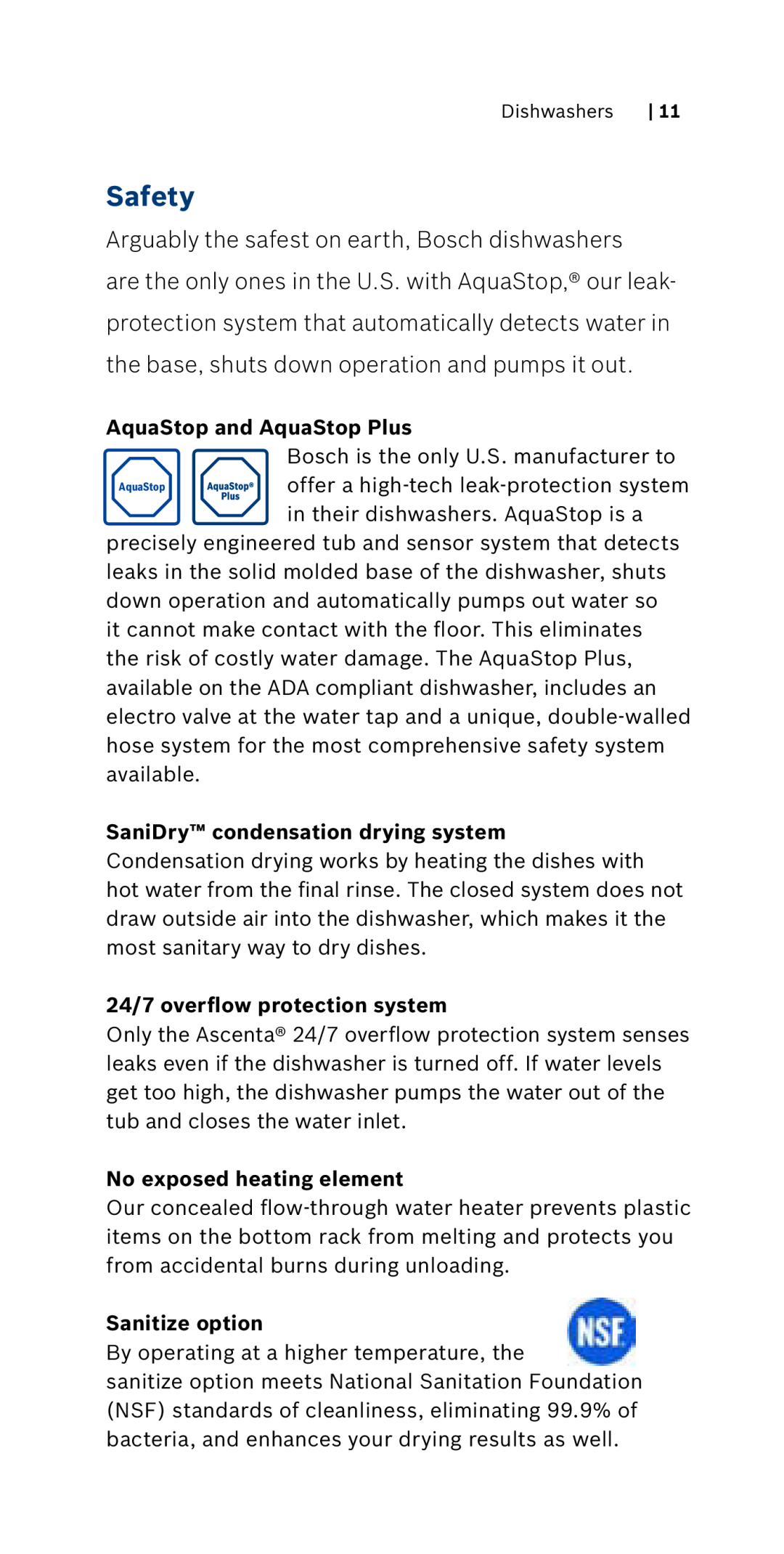 Bosch Appliances 800 Series manual Safety, AquaStop and AquaStop Plus, 24/7 overflow protection system, Sanitize option 