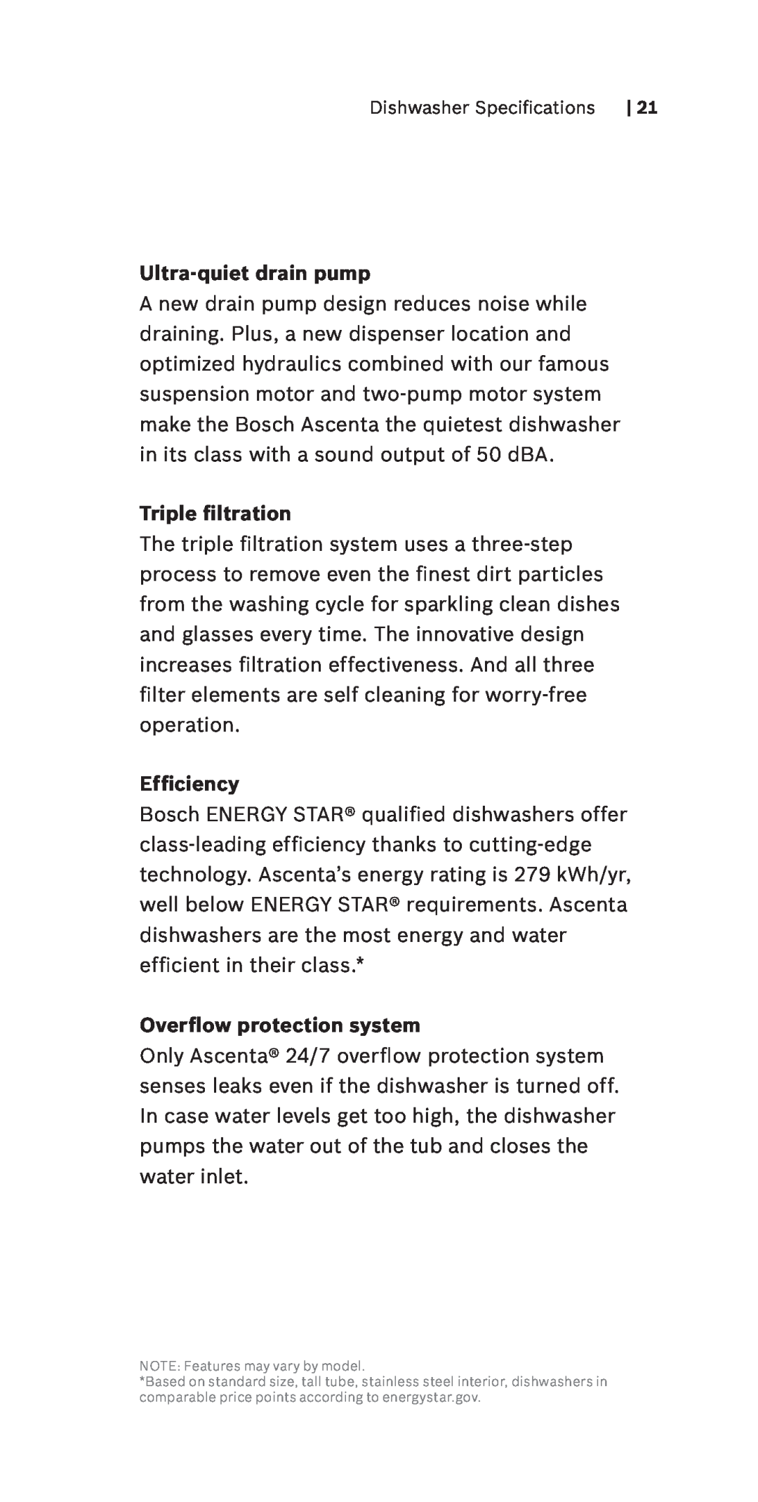 Bosch Appliances 800 Series manual Ultra-quiet drain pump, Triple filtration, Efficiency, Overflow protection system 