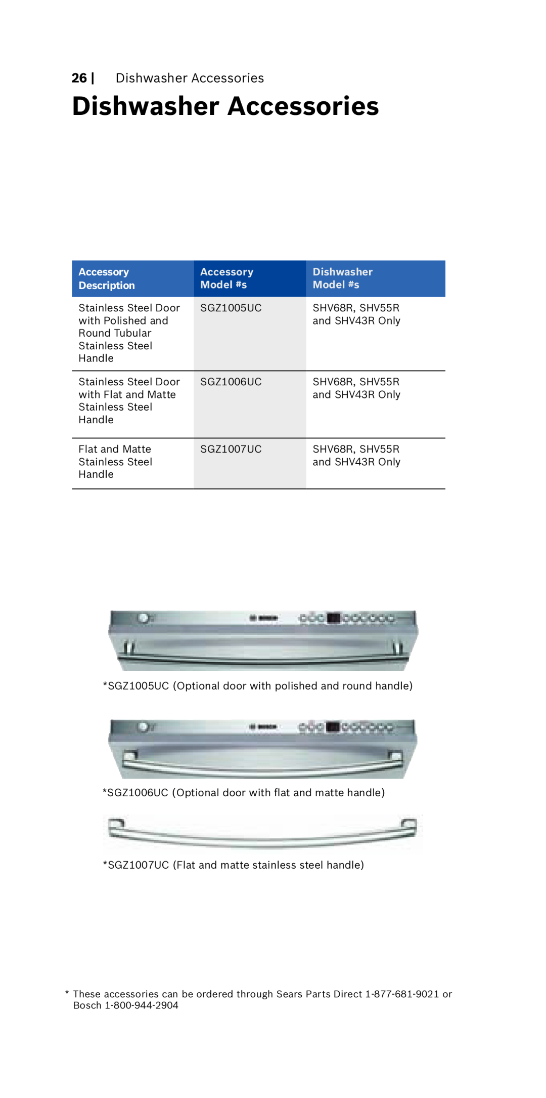 Bosch Appliances 800 Series manual Dishwasher Accessories, Accessory, Description, Model #s 