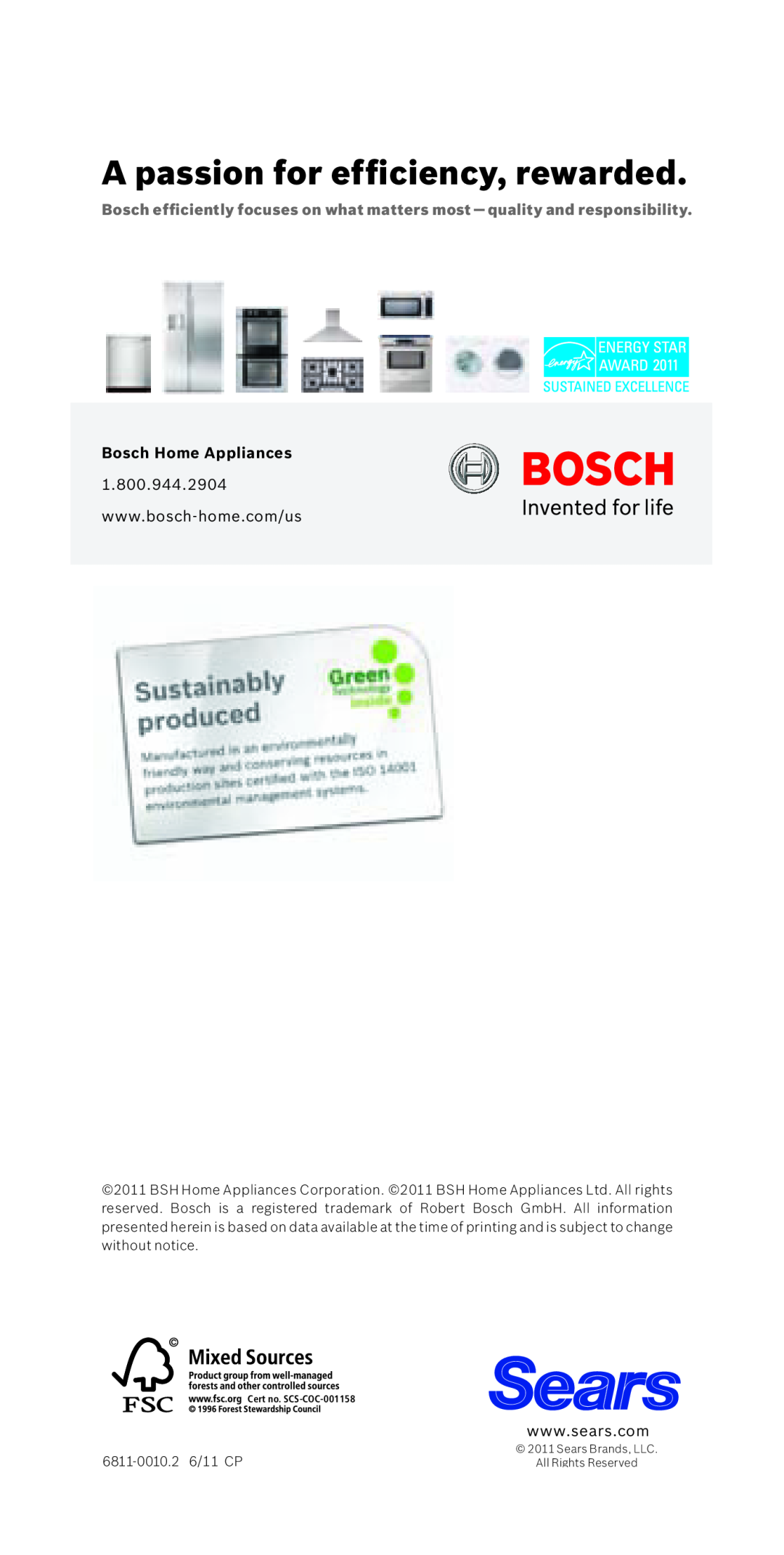 Bosch Appliances 800 Series manual A passion for efficiency, rewarded, Bosch Home Appliances, Certno.. SCS-COC-001158 