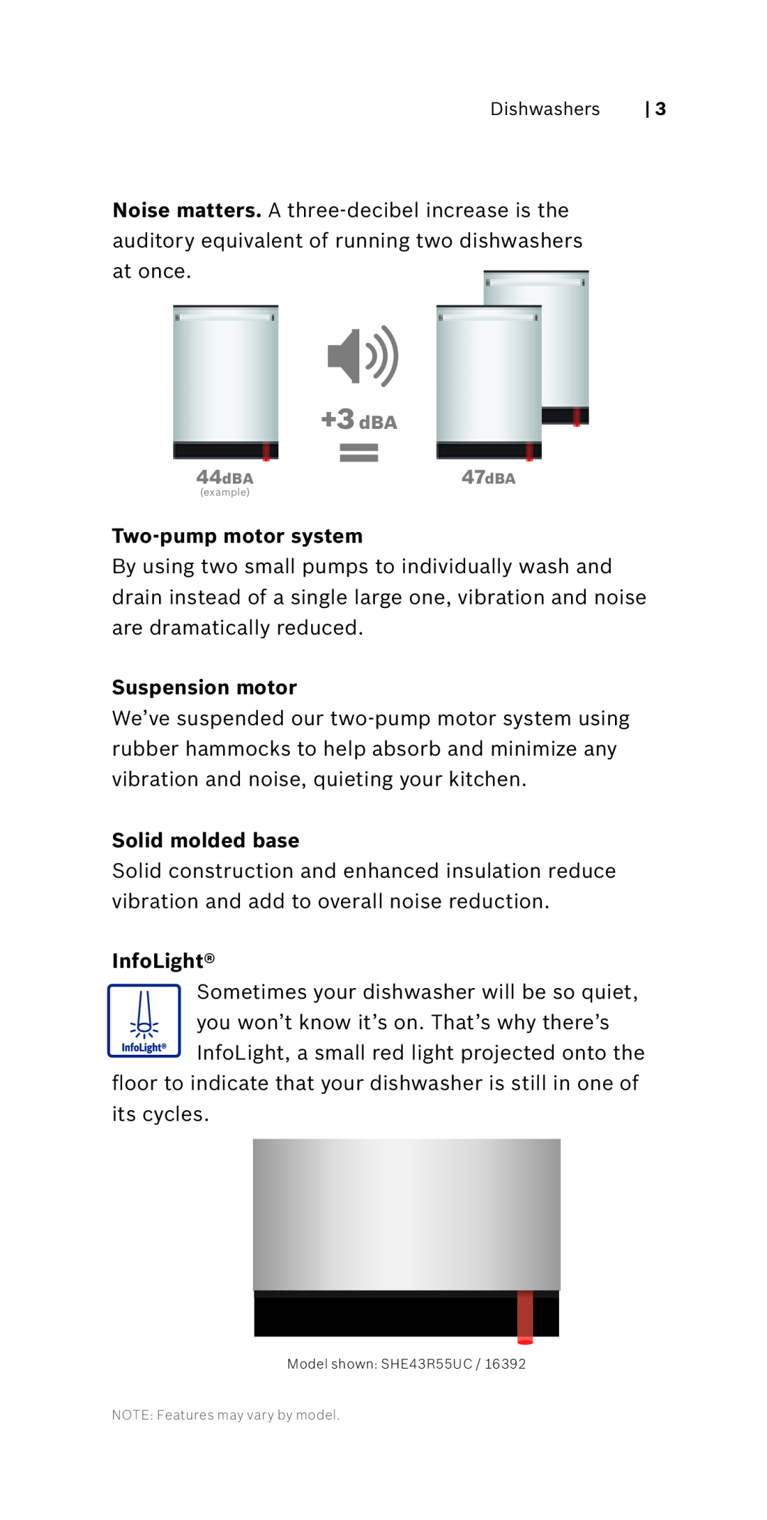 Bosch Appliances 800 Series manual +3 dBA, Two-pump motor system, Suspension motor, Solid molded base, infolight 