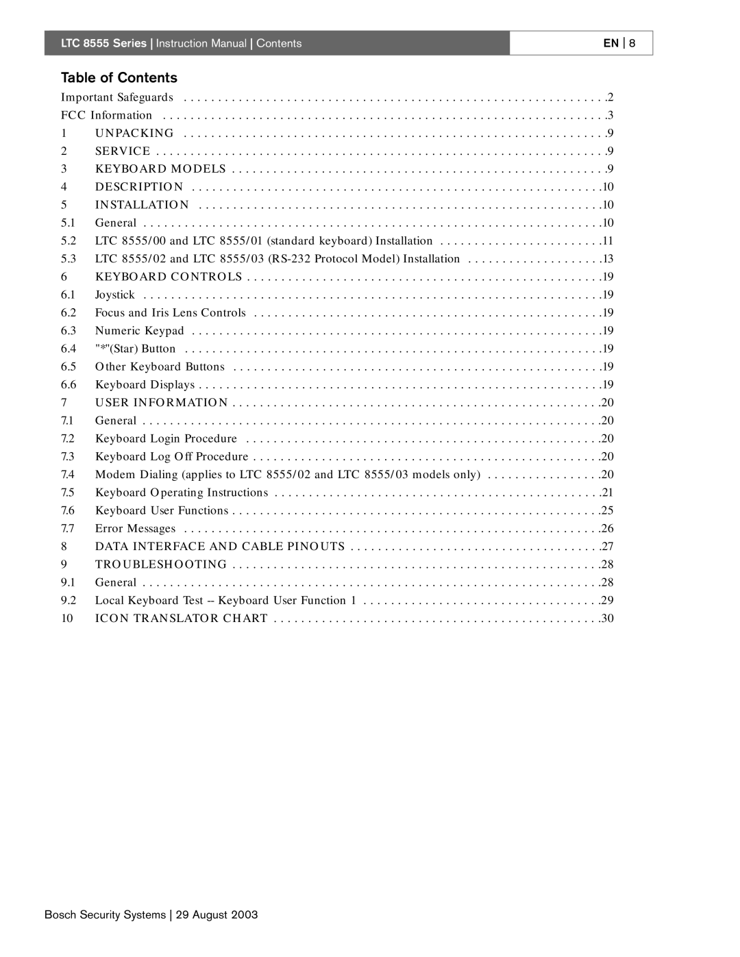 Bosch Appliances 8555 manual Table of Contents 