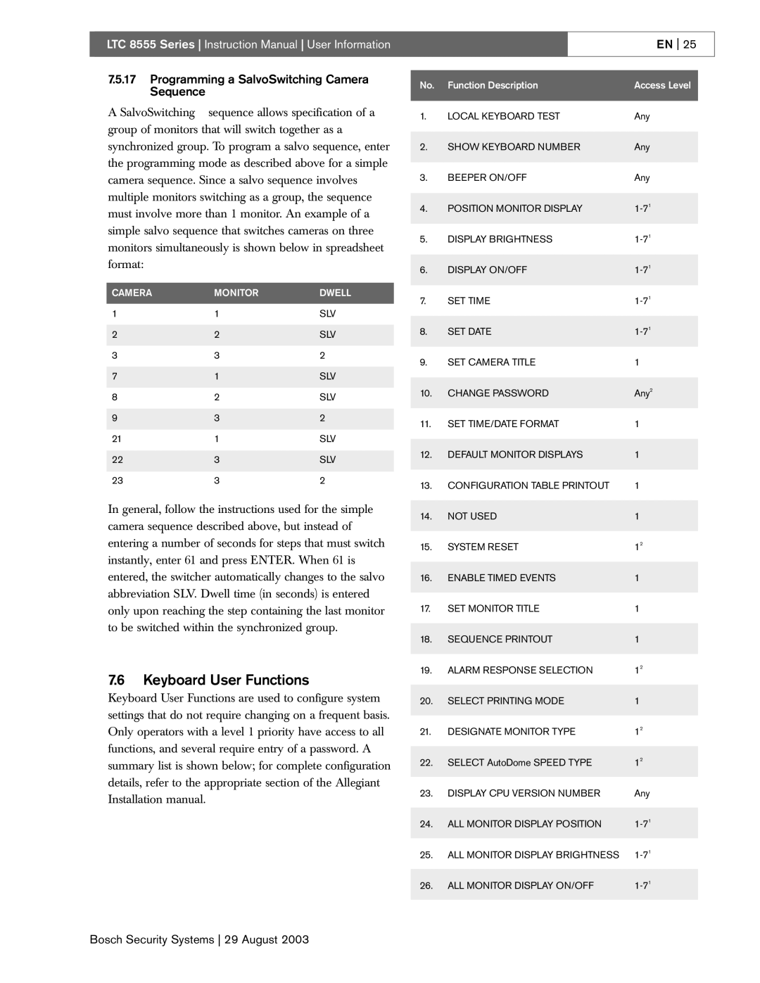 Bosch Appliances 8555 manual Keyboard User Functions, Programming a SalvoSwitching Camera Sequence 