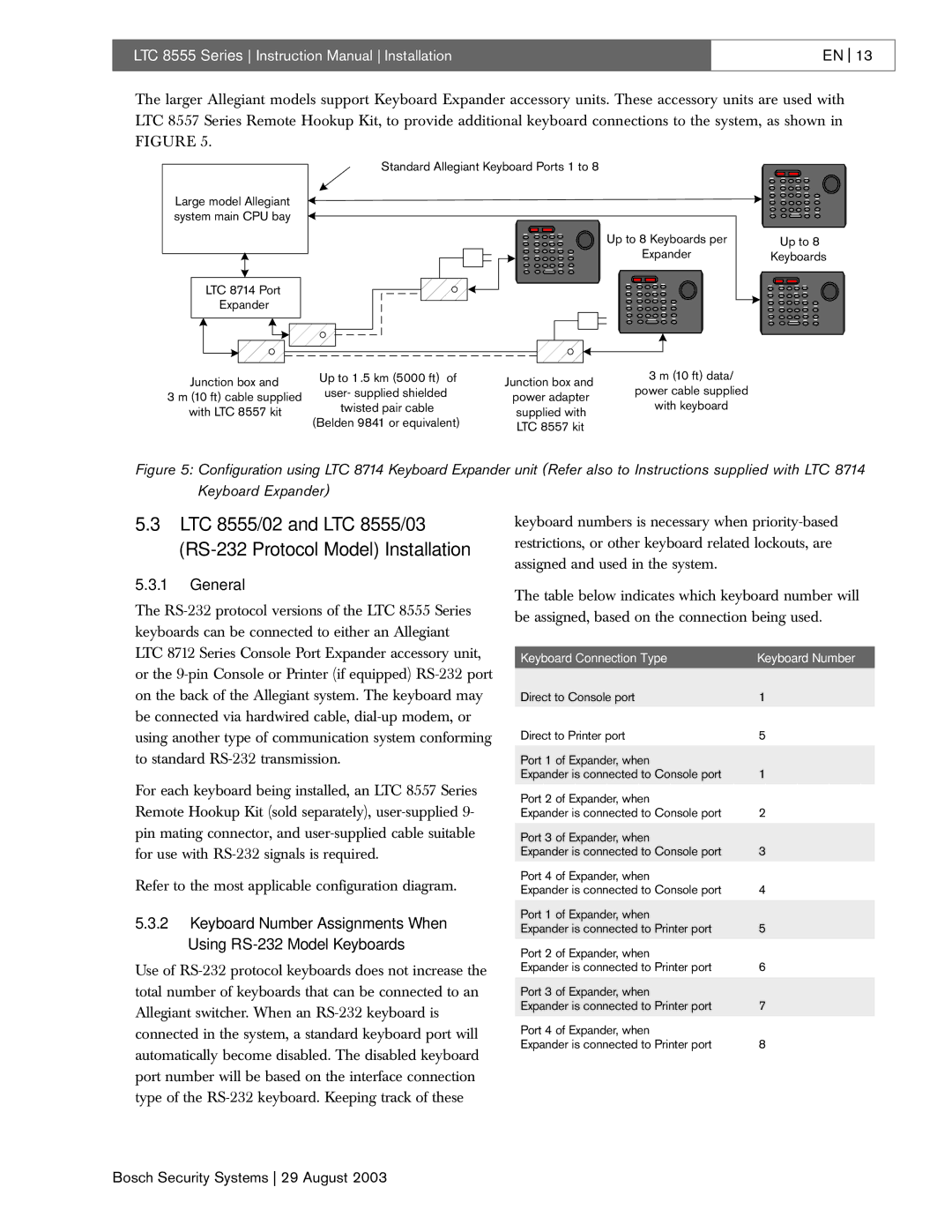 Bosch Appliances 8555 manual General, Keyboard Connection Type Keyboard Number 