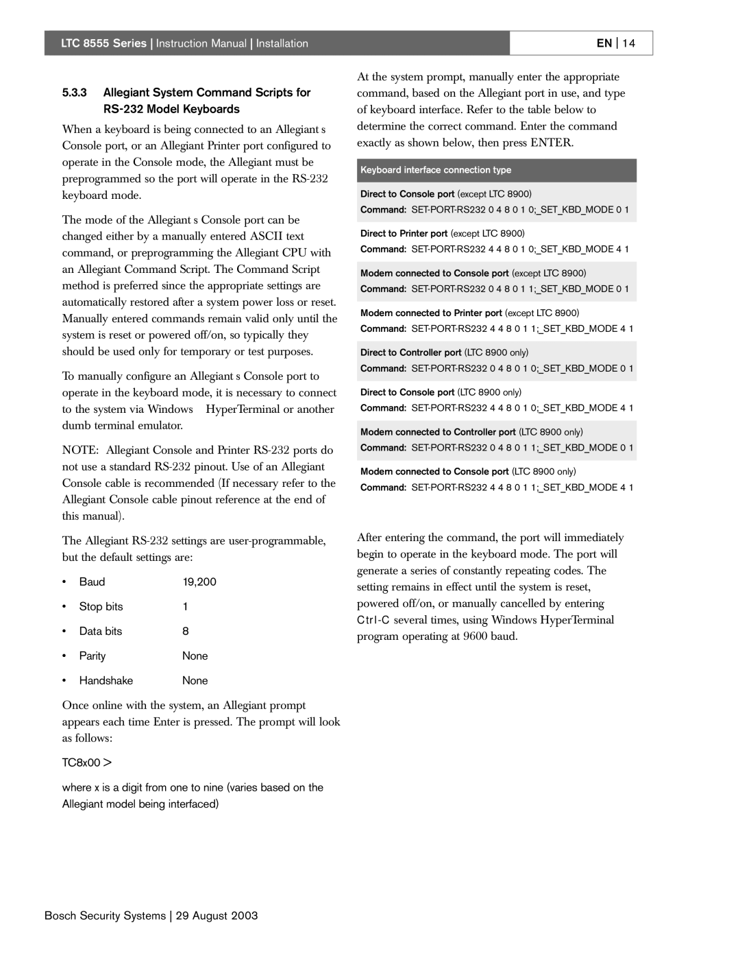 Bosch Appliances 8555 manual Allegiant System Command Scripts for RS-232 Model Keyboards, Baud 