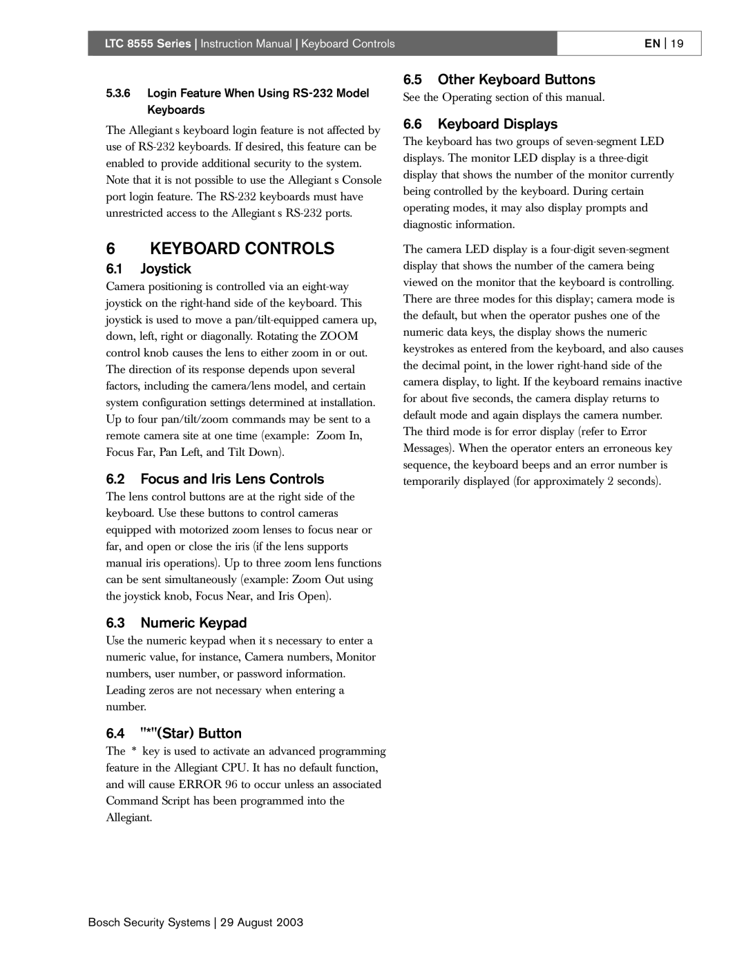 Bosch Appliances 8555 manual Keyboard Controls 