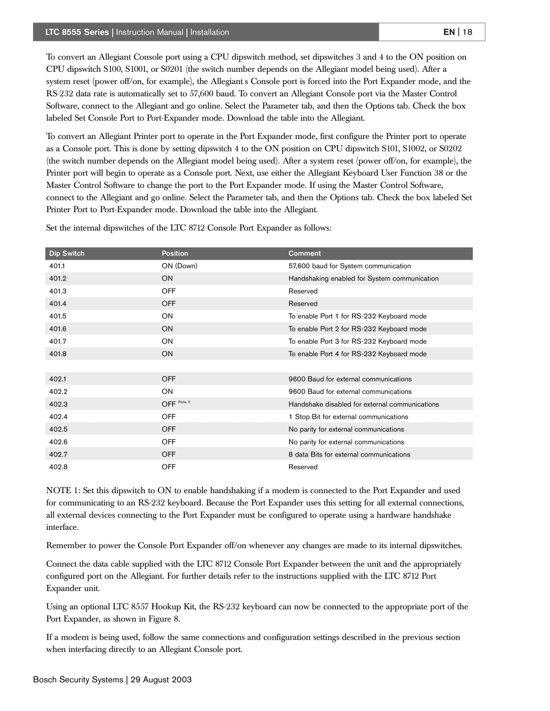 Bosch Appliances 8555 manual Dip Switch Position Comment 