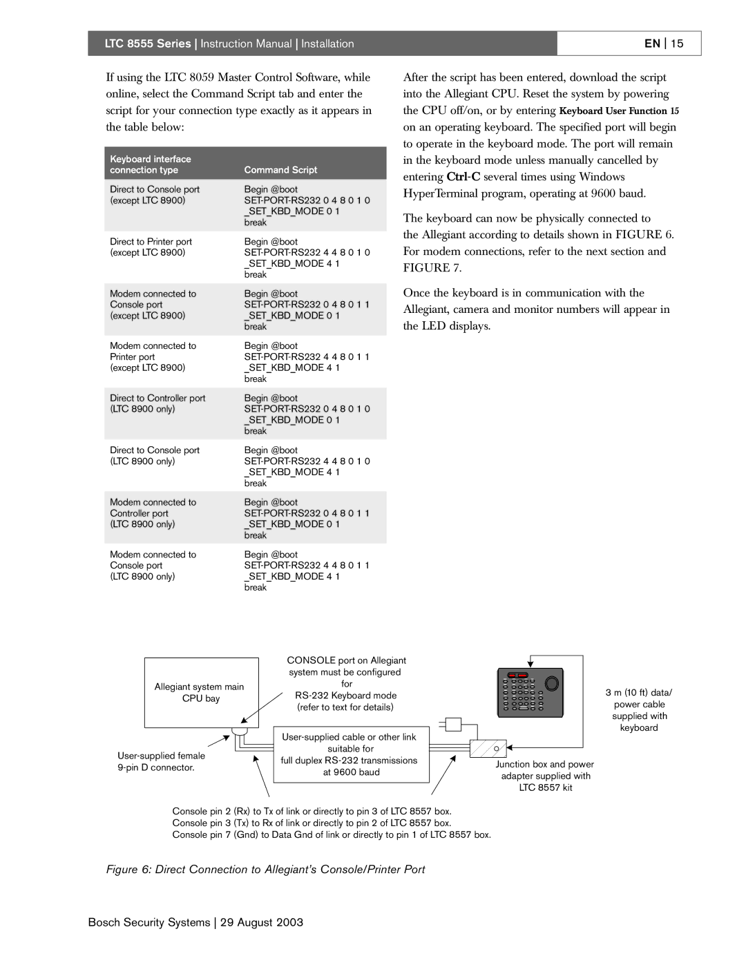 Bosch Appliances 8555 manual Keyboard interface Connection type Command Script, ft data/ power cable supplied with keyboard 