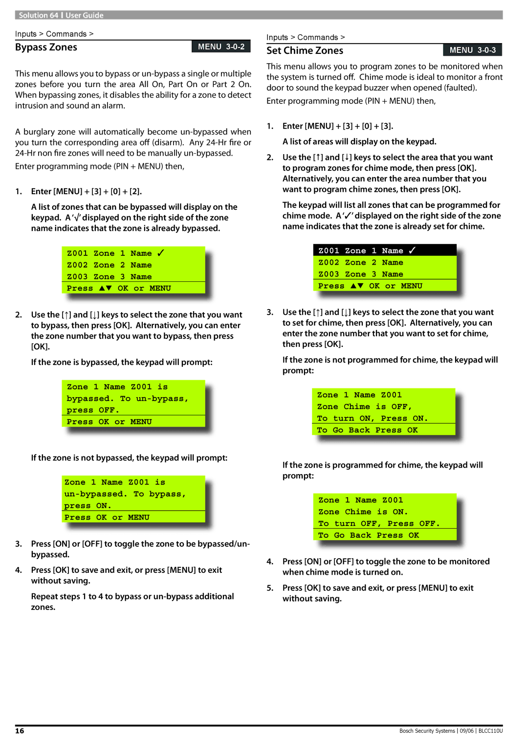 Bosch Appliances 9 6 BLCC110U manual Bypass Zones, Set Chime Zones, Z001 Zone 1 Name  