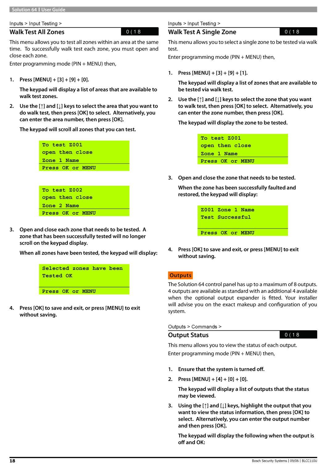 Bosch Appliances 9 6 BLCC110U manual Walk Test All Zones, Walk Test a Single Zone, Output Status 