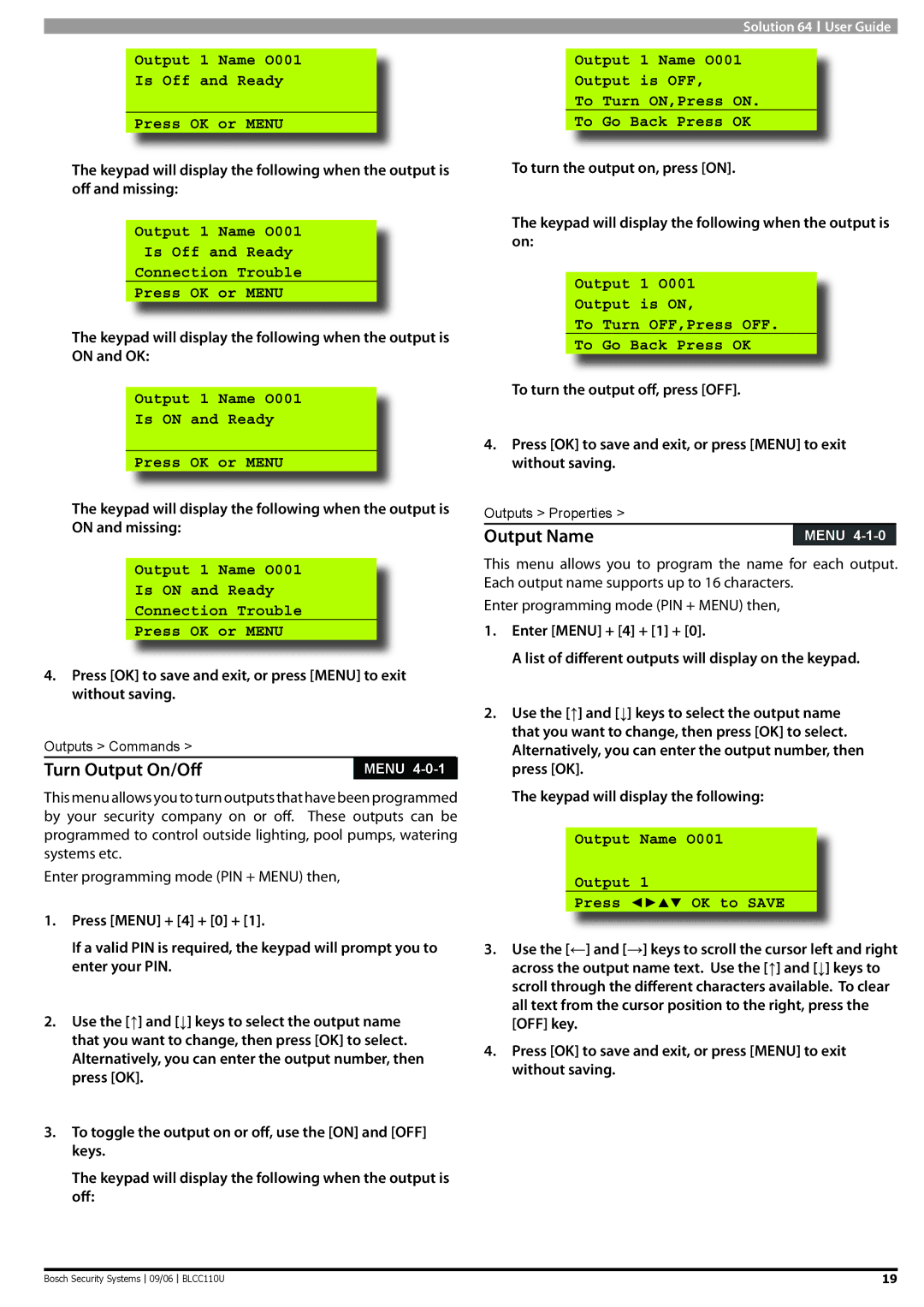 Bosch Appliances 9 6 BLCC110U manual Turn Output On/Oﬀ, Output Name, Output 1 Name O001 Is Off and Ready Press OK or Menu 