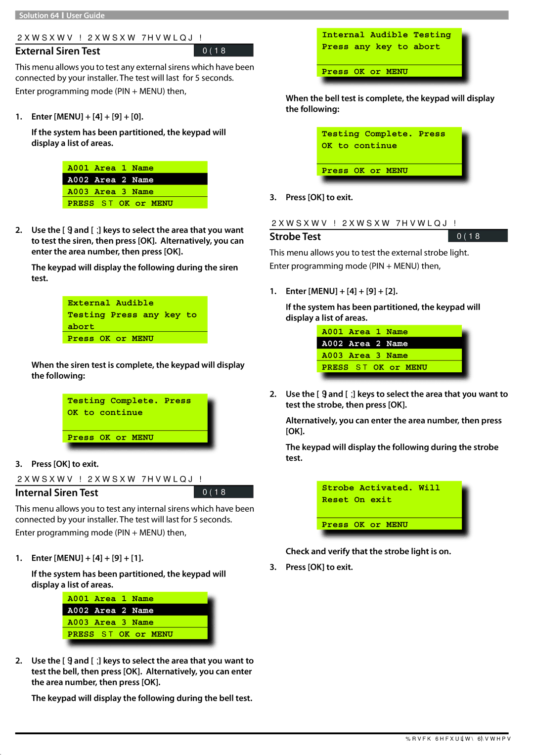 Bosch Appliances 9 6 BLCC110U manual External Siren Test, Internal Siren Test, Strobe Test, A002 Area 2 Name 