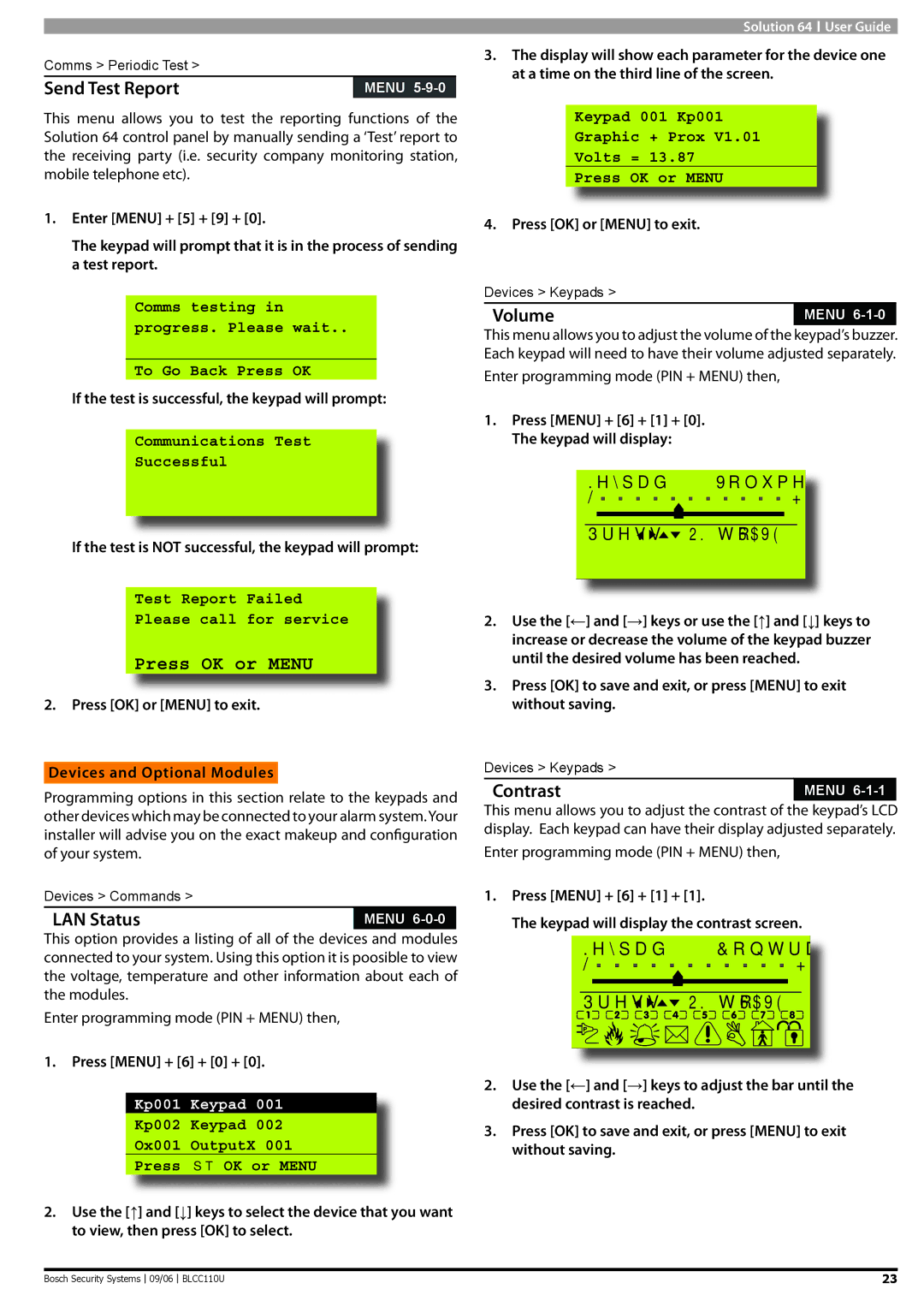 Bosch Appliances 9 6 BLCC110U manual Send Test Report, LAN Status, Volume, Contrast, Kp001 Keypad 