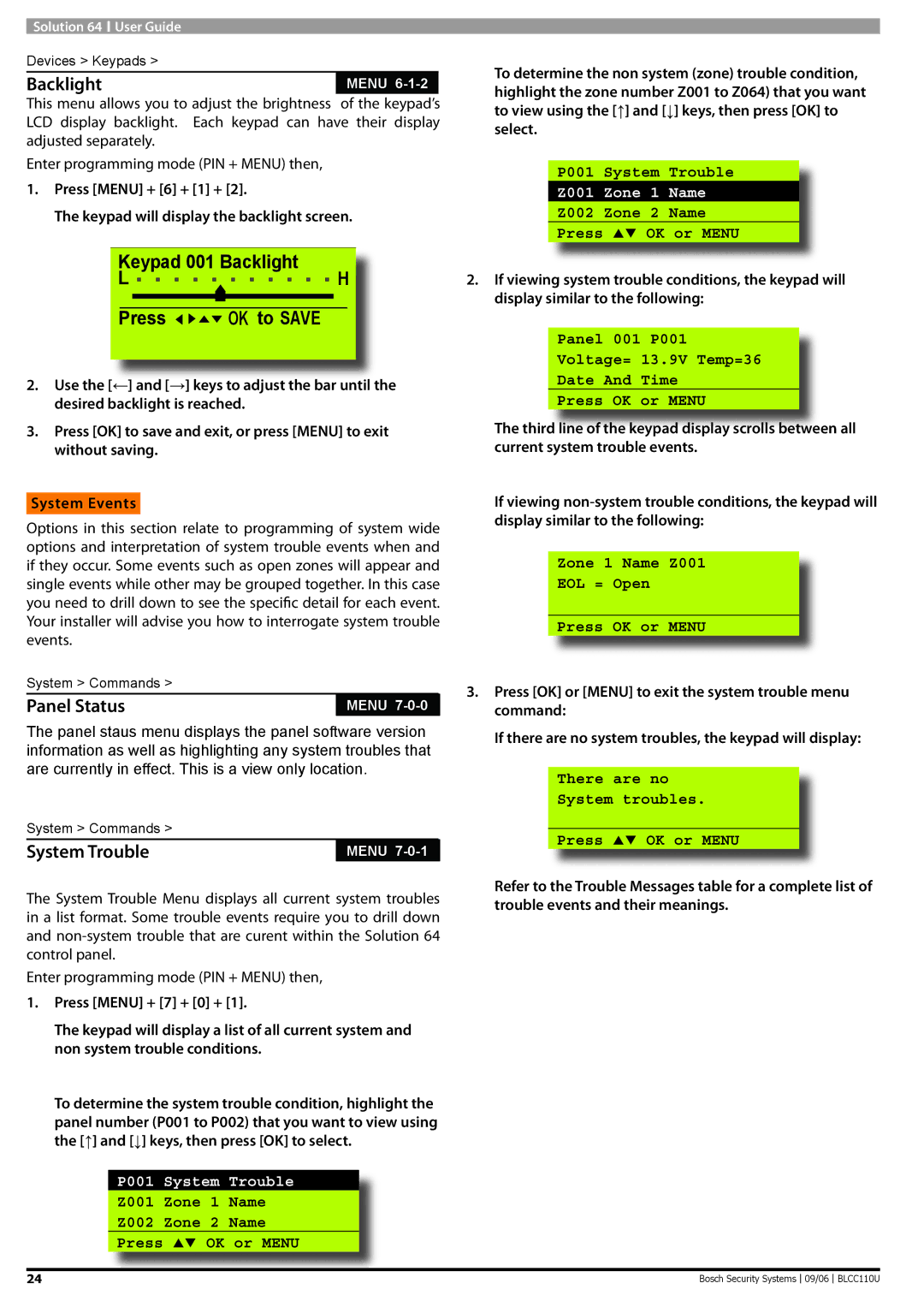 Bosch Appliances 9 6 BLCC110U manual Keypad 001 Backlight Press OK to Save, Panel Status, System Trouble, Z001 Zone 1 Name 
