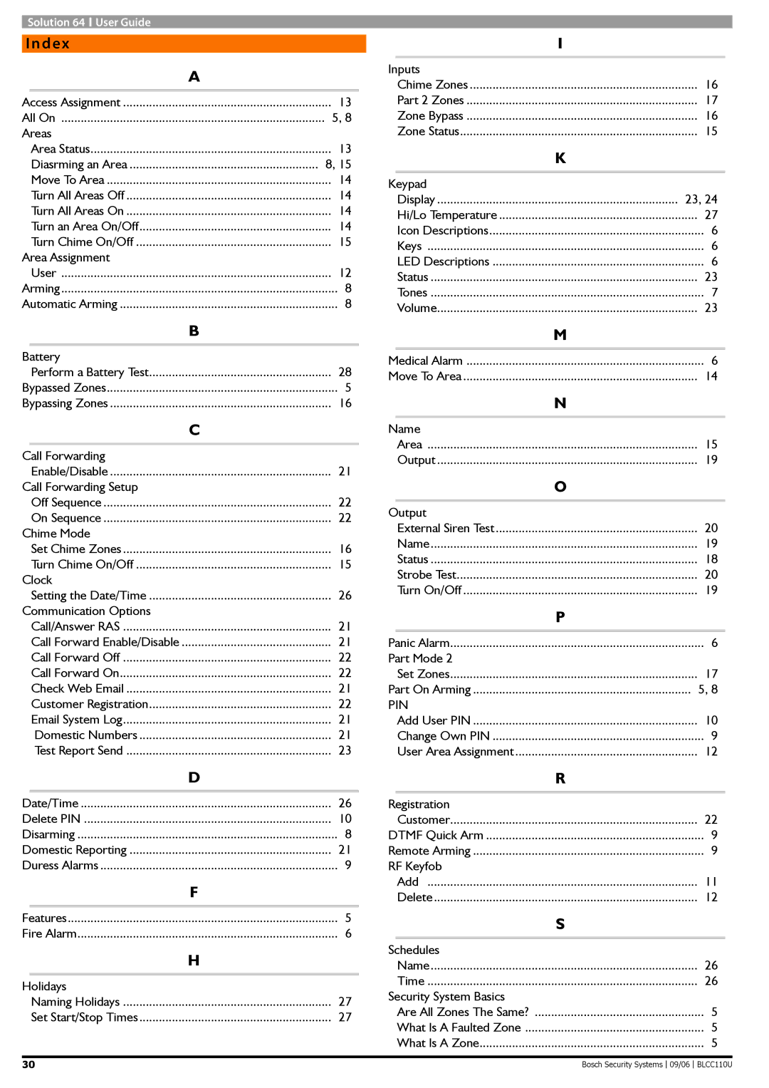 Bosch Appliances 9 6 BLCC110U manual Ndex, Areas 