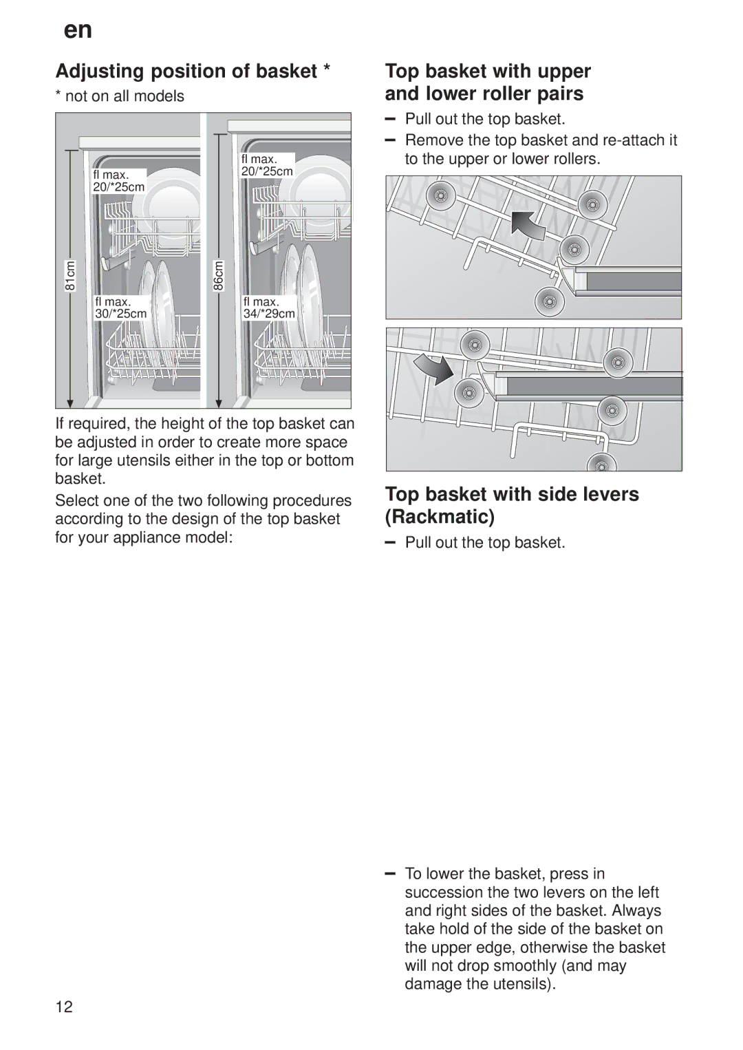 Bosch Appliances 9000 035918 (8406 0) manual Adjusting position of basket, Top basket with upper and lower roller pairs 