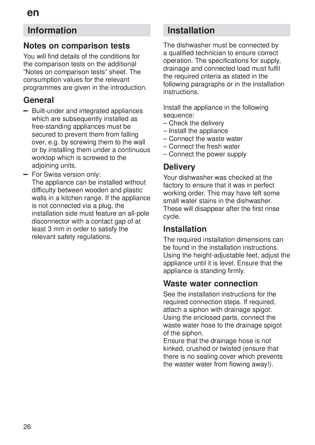 Bosch Appliances 9000 035918 (8406 0) manual Information, Installation, General, Waste water connection 