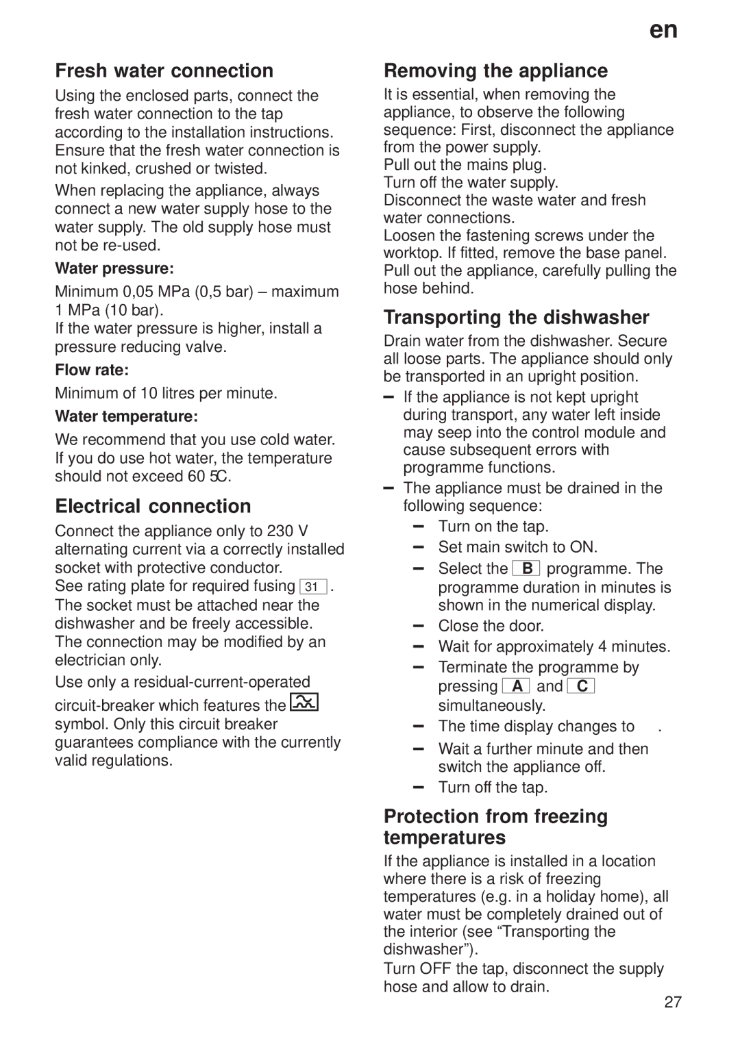 Bosch Appliances 9000 035918 (8406 0) manual Fresh water connection, Electrical connection, Removing the appliance 