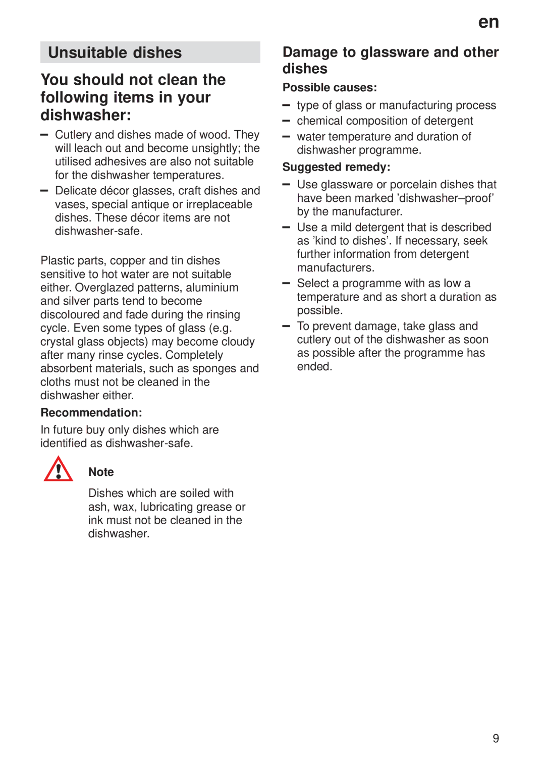 Bosch Appliances 9000 035918 (8406 0) manual Damage to glassware and other dishes, Recommendation, Possible causes 