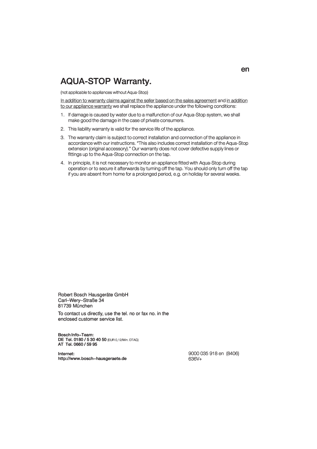Bosch Appliances 9000 035918 (8406 0) manual Aqua-Stop, Warranty 