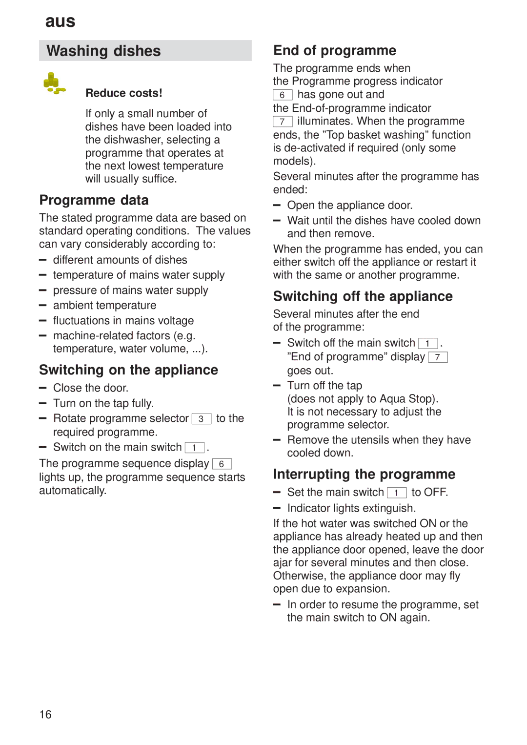 Bosch Appliances 9000065778(8503) manual Washing dishes, Programme data, Switching on the appliance, End of programme 