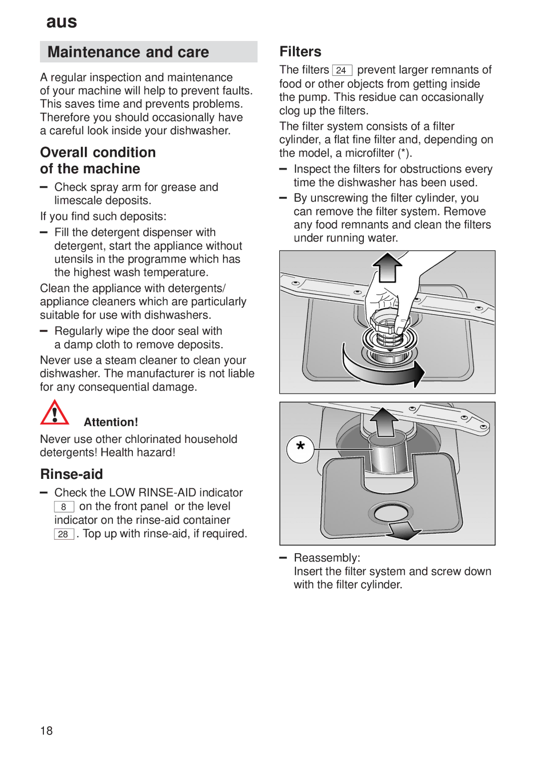 Bosch Appliances 9000065778(8503) manual Maintenance and care, Overall condition of the machine, Rinse-aid, Filters 