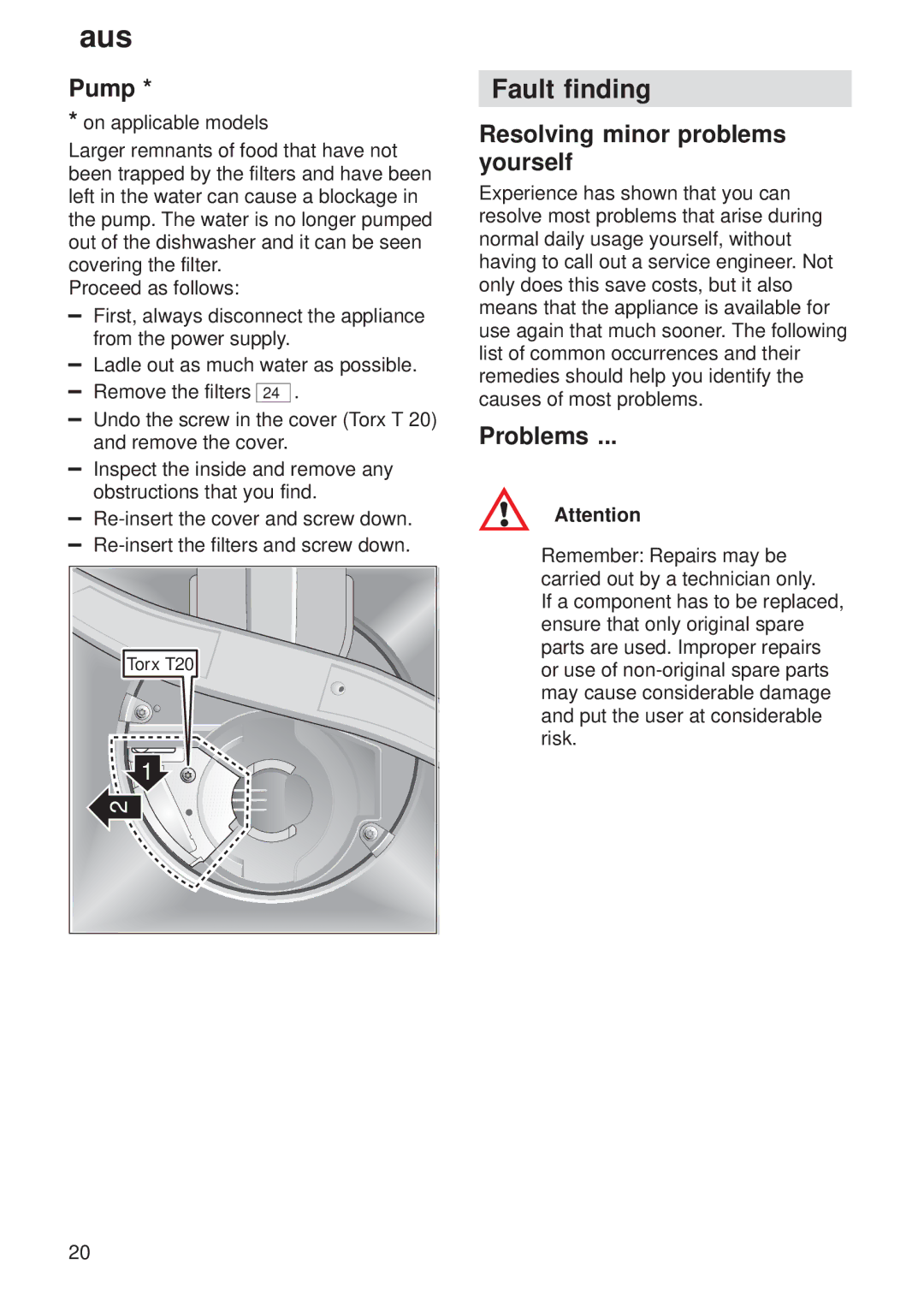 Bosch Appliances 9000065778(8503) manual Fault finding, Pump, Resolving minor problems yourself, Problems 