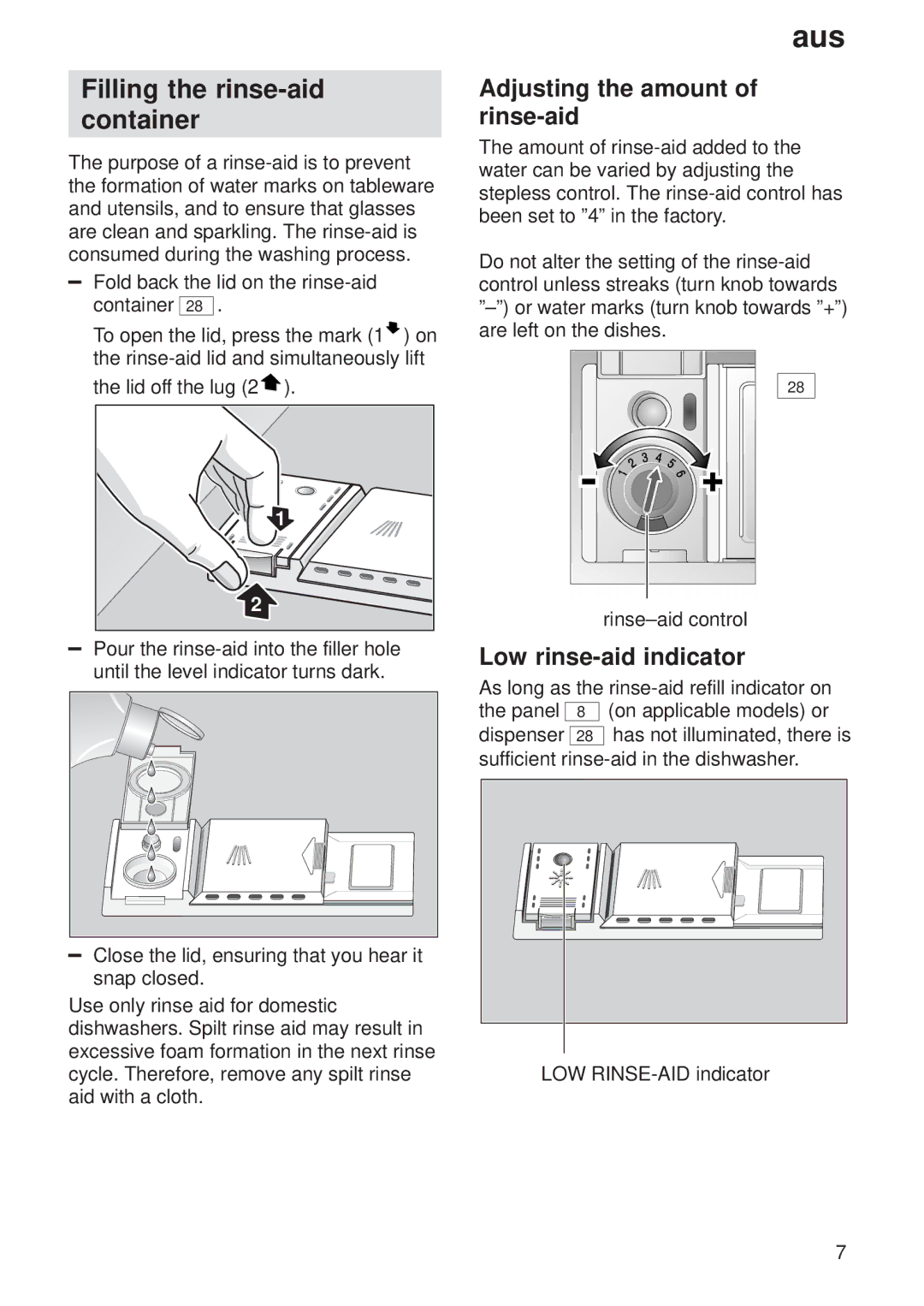 Bosch Appliances 9000065778(8503) manual Filling the rinse-aid Container, Adjusting the amount of rinse-aid 