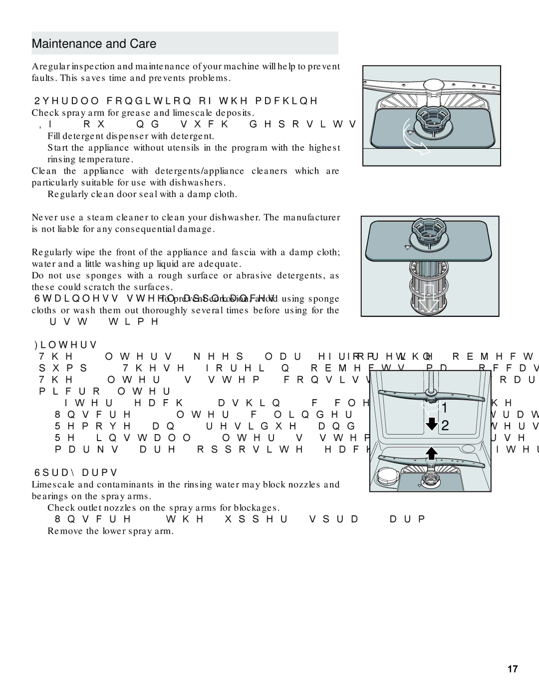 Bosch Appliances 9000373507 manual Maintenance and Care, Overall condition of the machine, Filters, Spray arms 